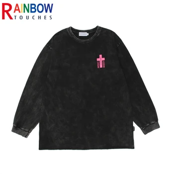Rainbowtouches Vintage T-shirts Man High Street Fashion T-shirt Character Cross Print Long Sleeve Harajuku Washing Oversize Men