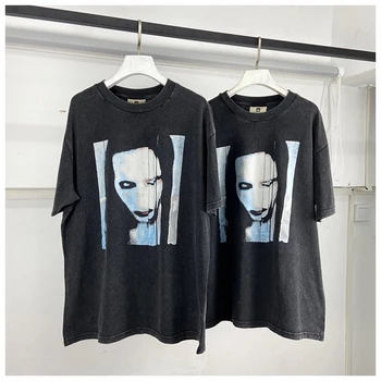 Američki hip-hop stilu marilyn manson vintage evil ghost print wash black негабаритная muška i ženska t-shirt kratki rukav