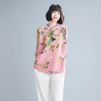 Changpleat Kineski stil ispisa ženska polovica visoka vrata t-shirt Miyak fold Moda plus size cheongsam tri četvrt rukavima top