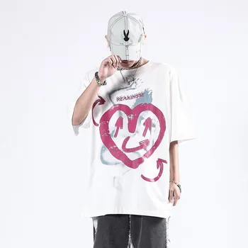 Ulični Grafiti Mali Vrag Ljubav Print Pamučna Majica s Kratkim rukavima Kvalitetne Besplatne Prevelike Muške Hip-hop Trend Par