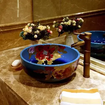 Ručno oslikana veliki cvijet kupaonica umjetnost keramika porculan ručno pranje lice umivaonik bazena