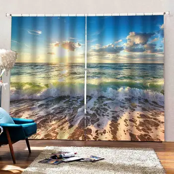 Plava plaža vala zavjese 3D Guste Zavjese Za dnevni boravak Posteljinu soba Zavjese Cotinas 3d zavjese