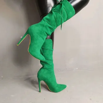 Ženske Zelene parhet Kožne Cipele s Cross uvezivanje, Trendy Cipele na ukosnica s oštrim Izreza Do sredine kavijara, Berba Modeliranje Cipele Na Visoku petu
