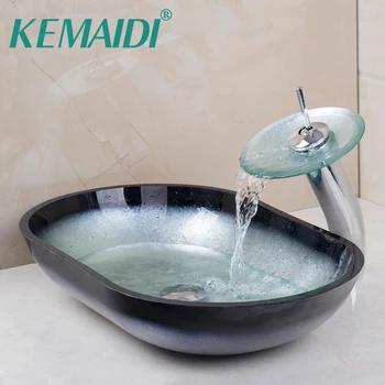 KEMAIDI Oval Hand Paint Colorful Wash Tempered Glass Basin Sink With Brass Chrome Faucet Tap Mikser Set With Pop Up Drain