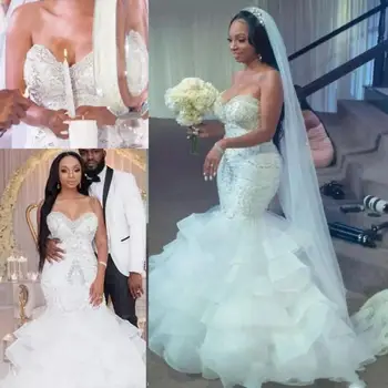 Južnoafrički Crnkinje Sirena Vjenčanice Vjenčanice Perle, Šljokice Višeslojne Suknje Plus Size Vjenčanica