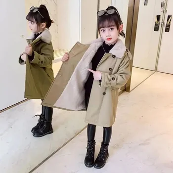 Zimska Jakna od Poliestera Za Djevojčice 2022 Koreanska Verzija Plus Baršunasti Krzna Ovratnik Srednje dužine Tanak Casual Parker Dječja Odjeća