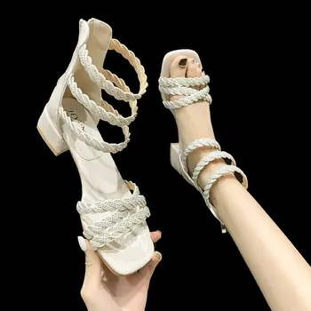 Biserno Sandale Ženski Ljeto Na prosjeku petu Masivni Peta Temperament 2021 Moda Fairy Stil Rimske Sandale