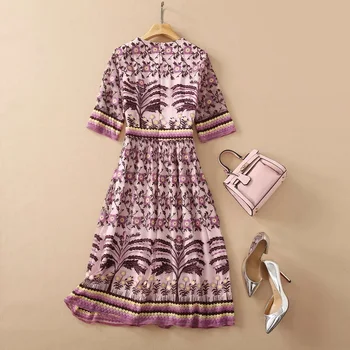 Luksuzno Haljinu s izvezenim 2021 Summer Party Events Women O-izrez Purple Flower Patterns Short Sleeve Mid-Calf Length Vintage Dress