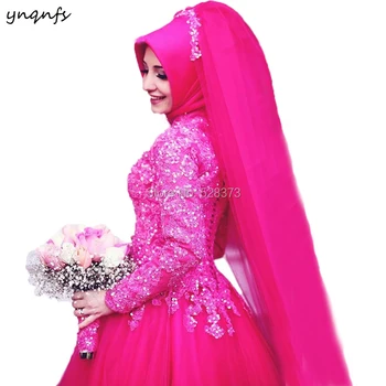 YNQNFS MW23 Islam/Muslimansko Vjenčanica Hidžab Dresssturkey Abiye Robe de Mariee Dugi Rukav Fuksija Djeveruša Haljina 2019