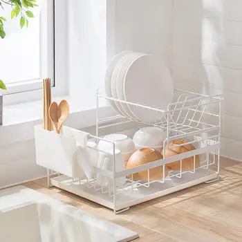 Doluble Layer Dish Rack Kitchen Organizer Storage Drainer Drying Plate Shelf Sink Knife Fork Container Accessorie