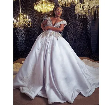 Vestidos de maiee Raskošne Kristalne Vjenčanica 2020 V izrez Čipka Aplicirano Perle Afrički Dubai Атласное Vjenčanica, Vjenčanica