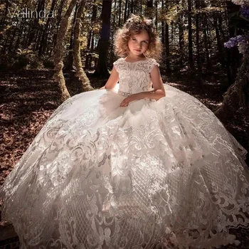 Cap Sleeved Lace Flower Girl Dresses Pearled Izbor Party Dress for Wedding Birthday