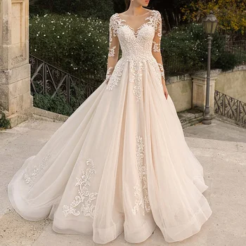 Elegantan Čipkan vjenčanicu Plus size V izrez s dugim rukavima Vestidos de novia vjenčanicu Trapeznog oblika Seksualne Vjenčanje Haljina s otvorenim leđima