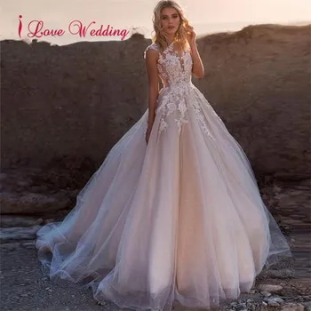 Vjenčanica Elegantna Princeza Vjenčanica See Through Vrećice Čipka Aplicirano Dužina Poda Maxi Suknja haljina 2021 Vestidos