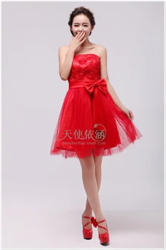 Besplatna dostava 2020 nove vruće prodaju nevjesta crvena kratkom dizajn tepih čipke luk kratko slatka haljina crvena mini vintage Haljine Djeveruša
