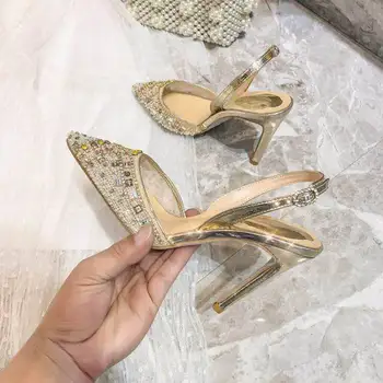 Ins / moderan ljeto ženske cipele poznate osobe; Luksuzne cipele sa šljokicama i kristalima; Ukusan slani cipele-brod na visoku petu s oštrim vrhom