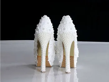Bijele Čipke Vjenčanje Modeliranje Cipele s Okruglim Vrhom na Visoku petu cipele, ženske Cipele Vjenčanje s biserima, 14 cm, večernje cipele za Maturalnu Večer, Besplatna dostava