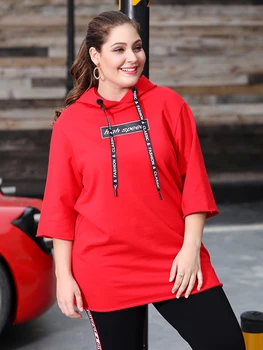 Debela dama je velika ženska odjeća nova jesen nova crvena majica drawstring moda sportski duga odjeća 718205410