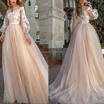 Zapanjujući Vjenčanica boje Šampanjca s Rukavima Svjetiljke čipke i Vjenčanica Aplicirano Vestido De Novia Princess Bride Dress