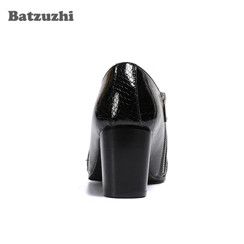 Batzuzhi / Crne kožne modeliranje cipele na visoku petu 6,8 cm,Muške kožne cipele sa oštrim vrhom na munje, gospodo dizajnerske večernje Zapatos Hombre, 38-46