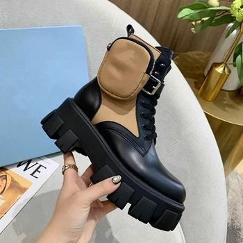 Prirodna Koža Monolit Cipele Na platformu Ženske Crne Čizme do Džepni Dizajn Moto Čizme čipka-up Debeli Potplat Kratke Čizme