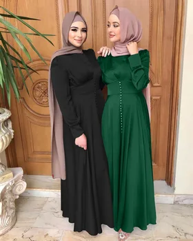 Donje Dugo muslimansko Haljina Dubai Turska Elegantne Satin Duge Haljine Islamske Ženske haljine Ženstvena Struk Perle Europska Odijevanje