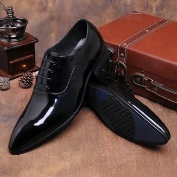 Crna talijanske Cipele Od prave Kože, Službeni Ured za Cipele Za poslovnog čovjeka, Lakirane Kože, Muški Vjenčanica Modni Oxfords, Cipele čipka-up, Sjajna