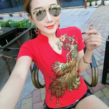 Kineski Stil Vintage Ženske Ljubimci Dozvoljeni Vez Cvjetni Šljokice Majice High Street V-Neck, Slim Fit Pamuk Tees Ženski Plus Size