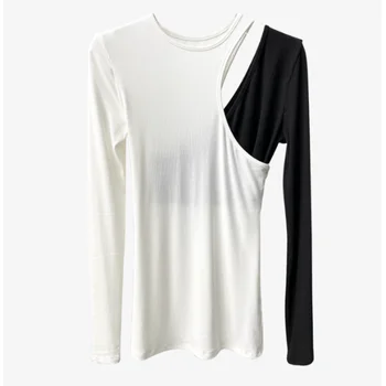Šuplje Majice Dugih rukava Ženska majica Bez naramenica Žena Boju Zaključavanje Rukava Nepravilnog Moda 2021 Tanak Ženski Vrhovima Tees