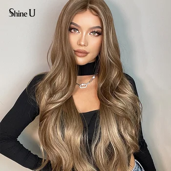 Shine U Long Body Wave Wig Light Brown Transparent Lace Frontal Wig 28 Inch T Part Synthetic Wig For Women Daily Cosplay