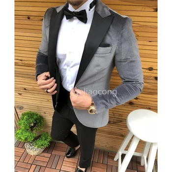 Modni Siva Baršun Odijela za Mladoženju Tuxedos Vjenčanje College Večera Muškarci Najnoviji Dizajni, Najbolja Muška Odijela 2 kom (jakna+Hlače)