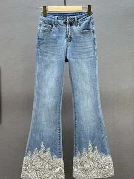 Teški Jeans sa šljokicama Ženske Modne Hlače 2020 Proljeće Nove Hlače s Visokim Strukom zvono dno Široke Hlače Protežu Ženske Traperice