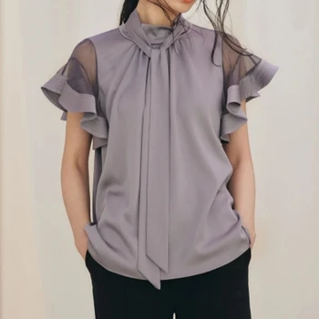 Elegantan Japanska Ženska Nadvoji Patchwork Ženske Košulje Ljetne Košulje sa Volanima i rukava-otpornog Glatka, Sjajna Meka Blusas Mujer